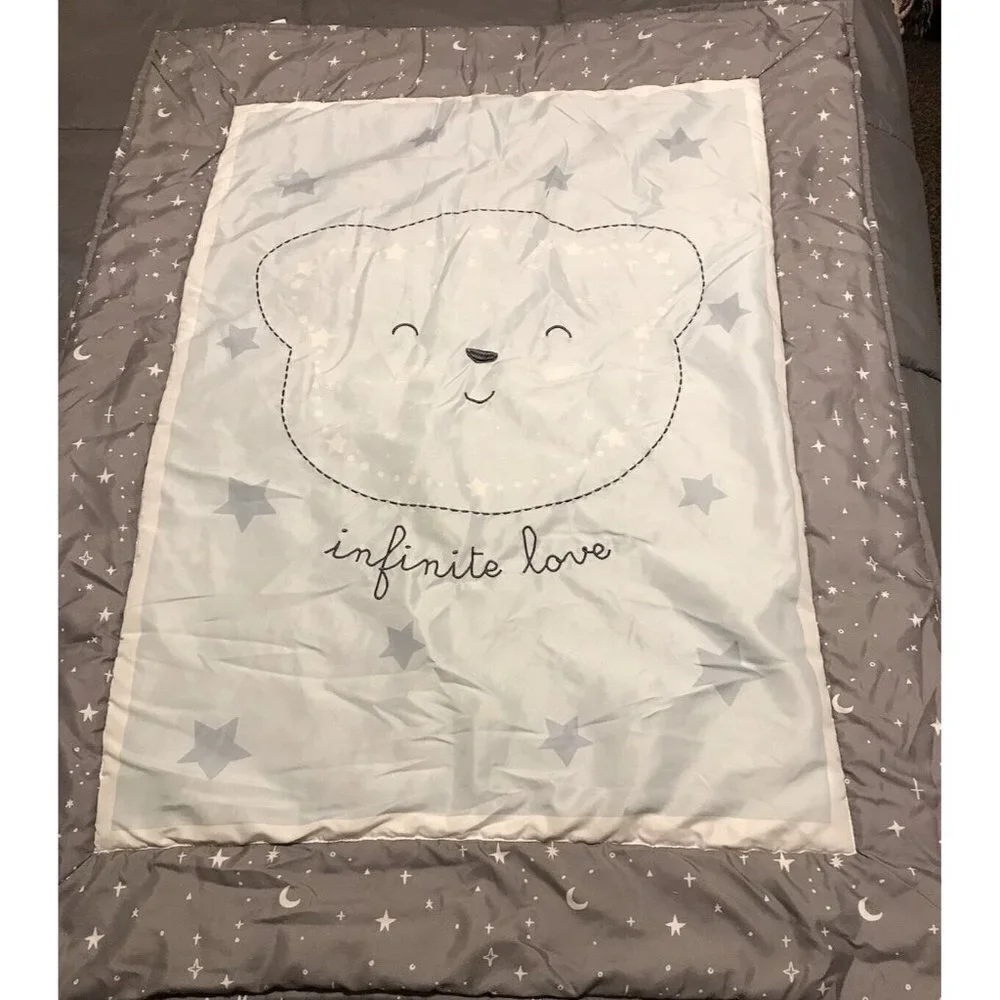 Teddy Bear Moon Stars Infinite Love Baby Blanket Blue & Gray 42x32” Crib Quilt